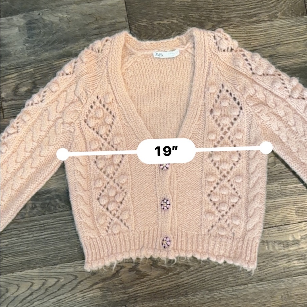 Zara Blush Pink Fuzzy Cable Knit Cardigan with Cute Buttons - Picture 9 of 16